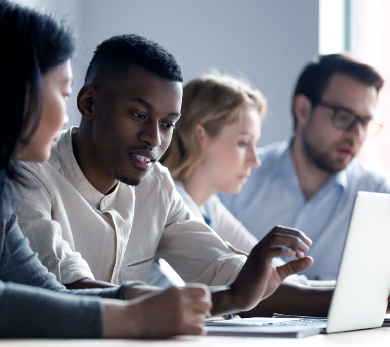 Diverse group of adults working on laptops
